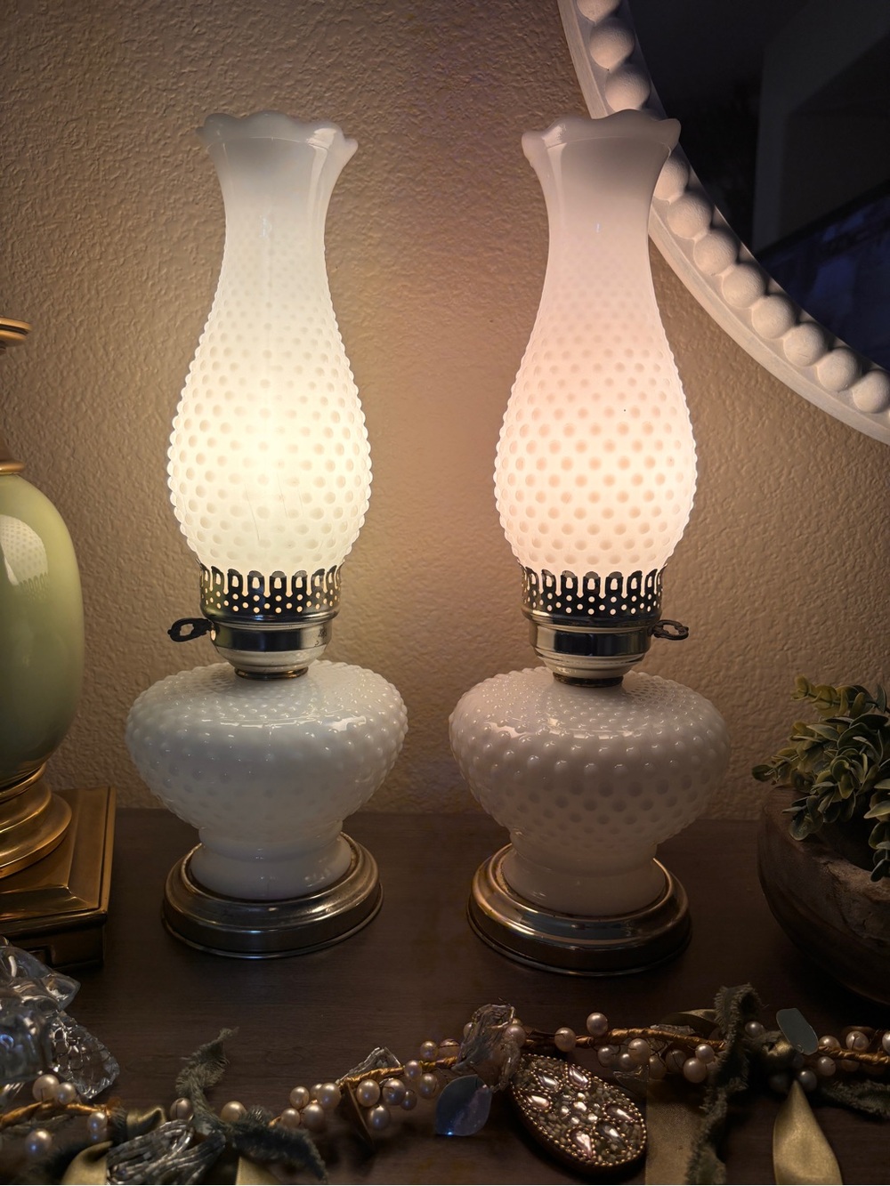 Vintage Pair Richlite Hobnail Milk Glass Hurricane Table Lamps 17” Ruffled